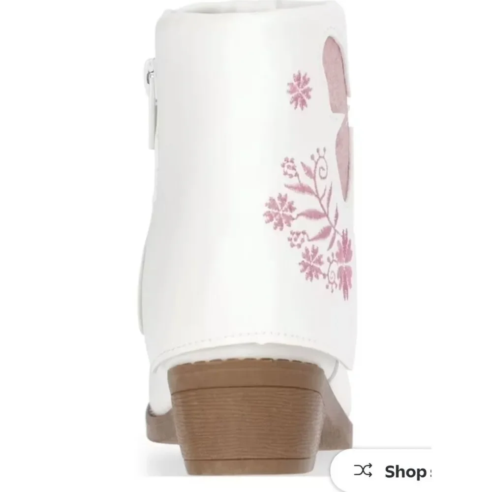 PAWZ White Kids Boots with Pink Glitter Butterfly